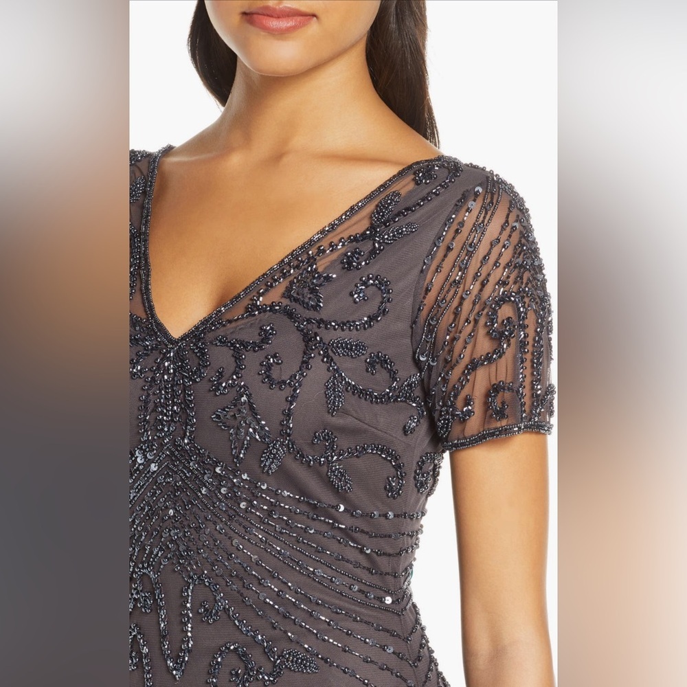 Pisarro Nights Beaded Mesh Column Gown in Slate Size 12 Elegant Evening Dress - Picture 4 of 8